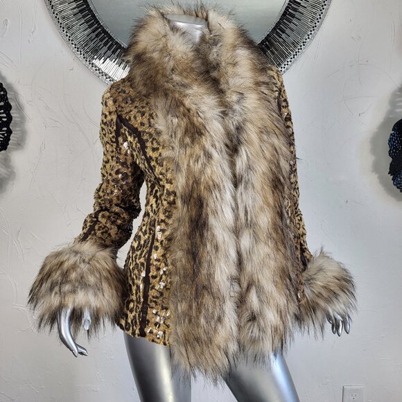 NWT~$300~FABULOUS FURS~SZ M~BROWN SEQUIN LEOPARD ANIMAL PRINT FAUX FOX FUR COAT